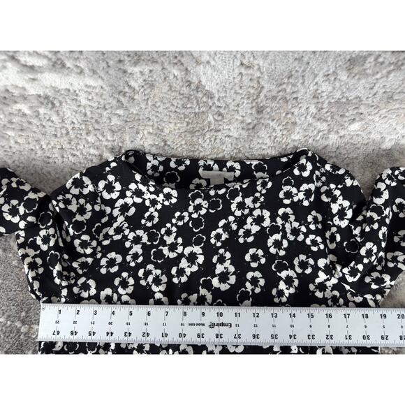 H&M Size 8 Floral Print 3/4 Sleeve Tie Knee Length Shift Dress Black White - Picture 4 of 10